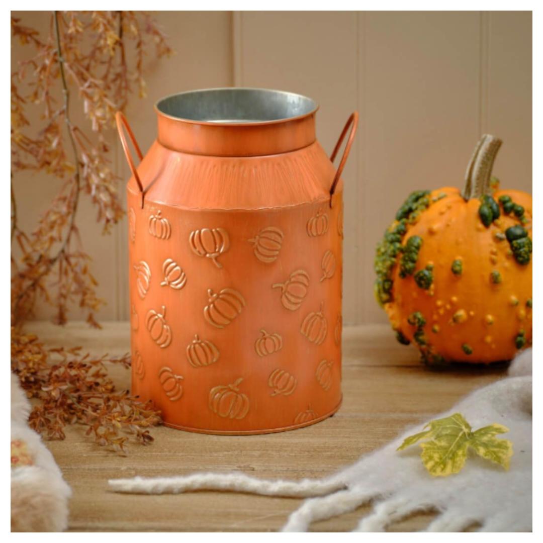 HARVEST HOME EMBOSSED METAL PUMPKIN MILK URN