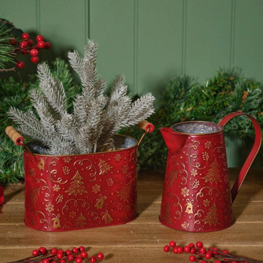 METAL OVAL BUCKET WITH EMBOSSED TREES AND BELLS