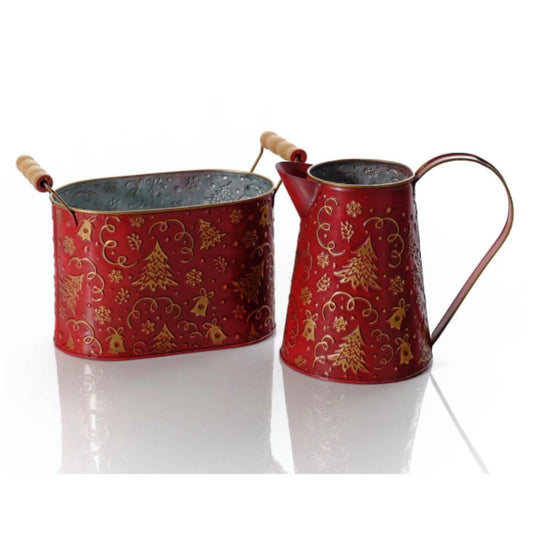 METAL JUG WITH EMBOSSED TREES AND BELLS