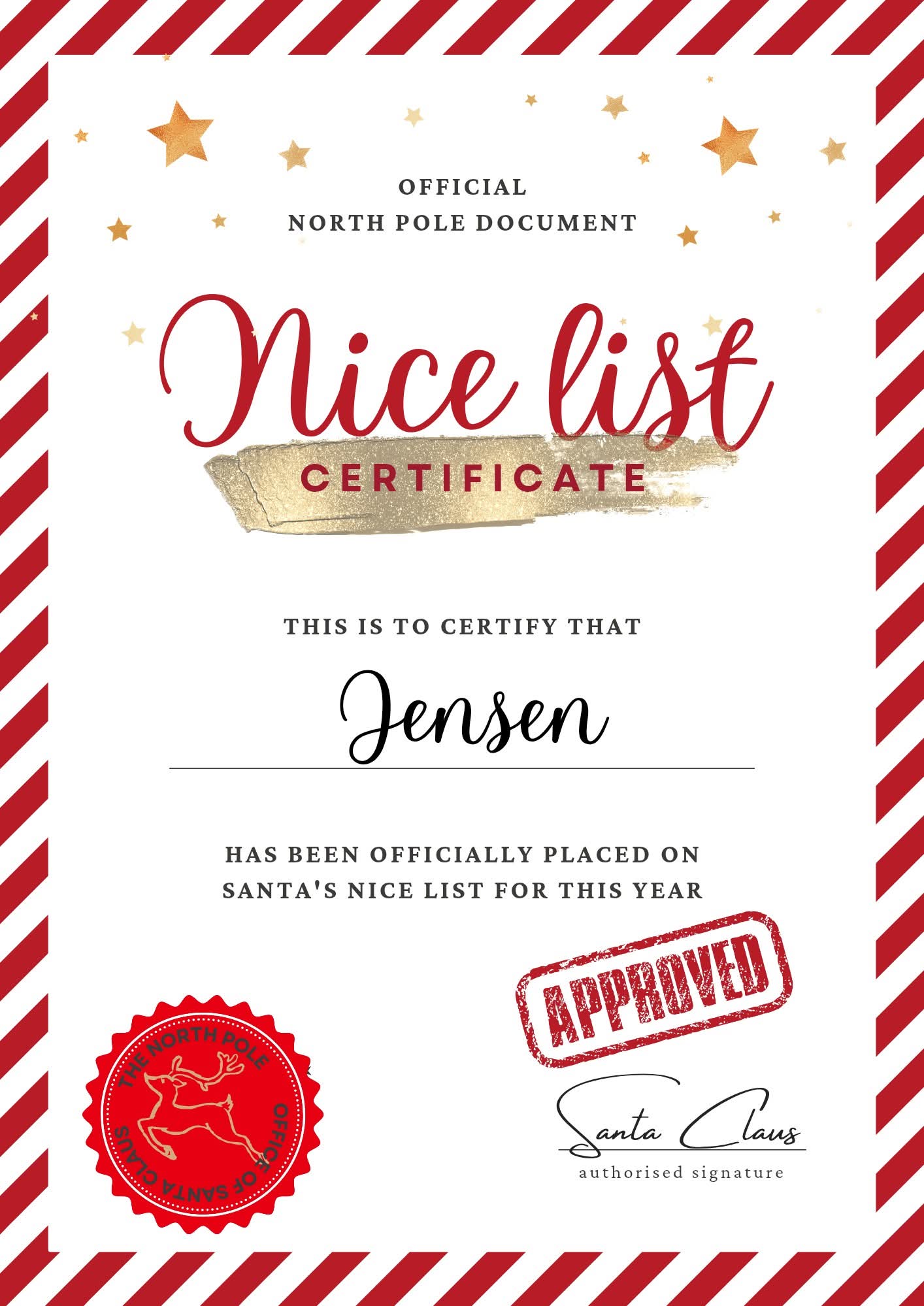 Laminated Personalised Santa's Nice list Certificate