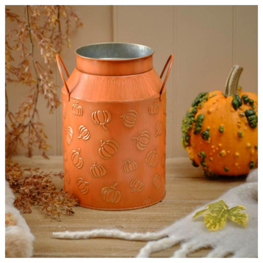 HARVEST HOME EMBOSSED METAL PUMPKIN MILK URN