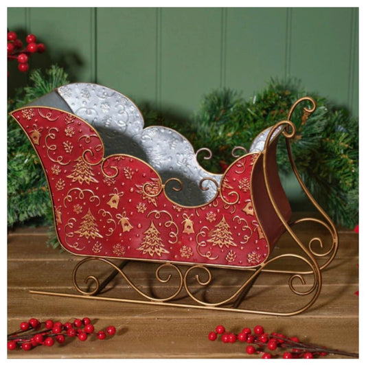 METAL SLEIGH WITH EMBOSSED CHRISTMAS TREES AND BELLS