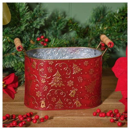 METAL OVAL BUCKET WITH EMBOSSED TREES AND BELLS