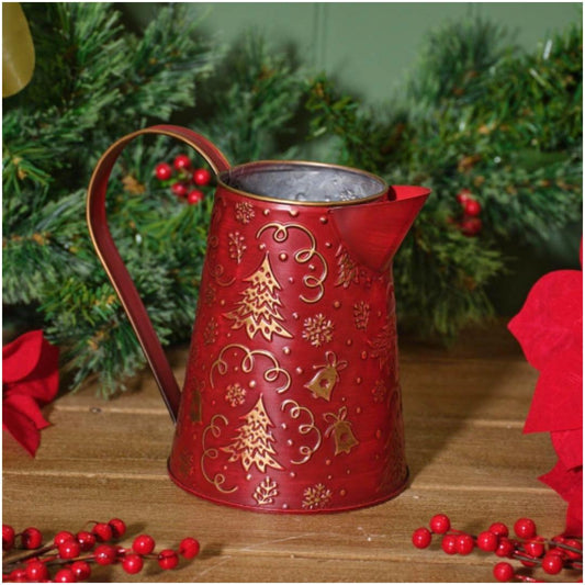 METAL JUG WITH EMBOSSED TREES AND BELLS