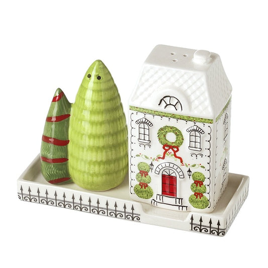 CHRISTMAS HOUSE & TREE SALT & PEPPER SHAKERS SET