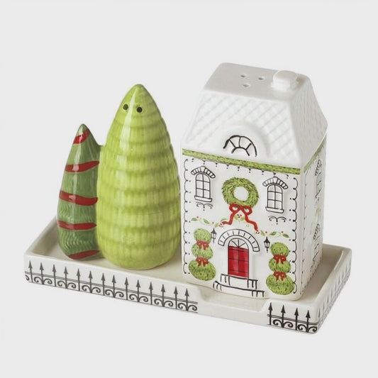 CHRISTMAS HOUSE & TREE SALT & PEPPER SHAKERS SET