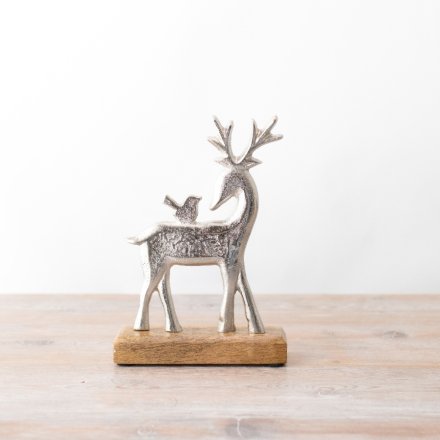 Silver Reindeer and Bird on Wooden base