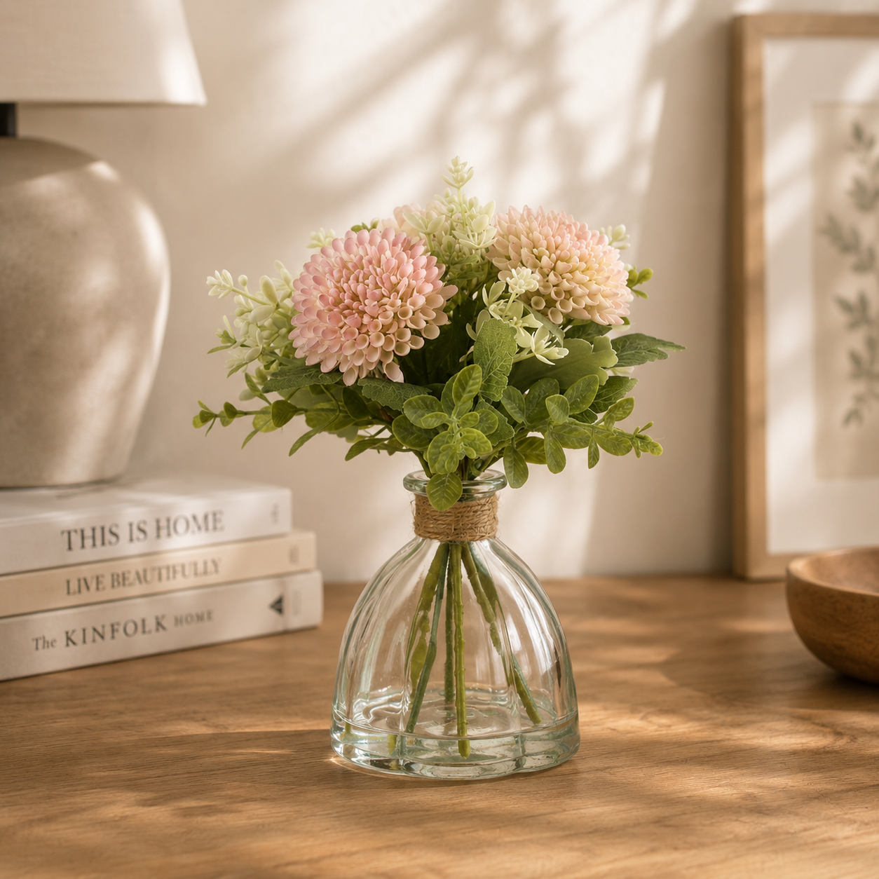 Pink & White Flowers in Glass Vase