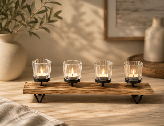 4pc Candle Holder on Wooden Base