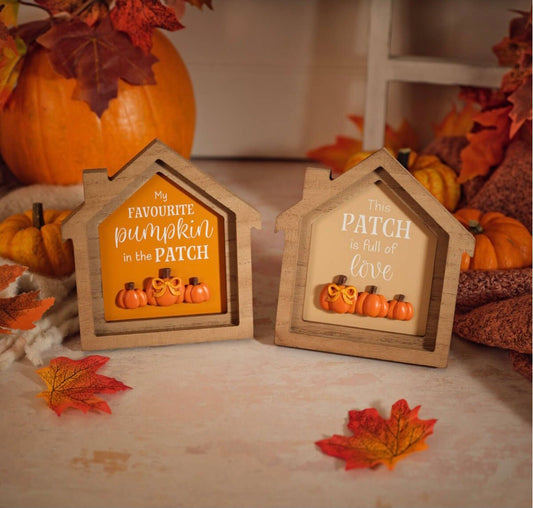 Set of Two Wooden Framed Houses With Resin Pumpkins Plaque