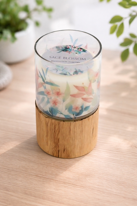 Sage & Pink Blossom Glass Candle On Wooden Base